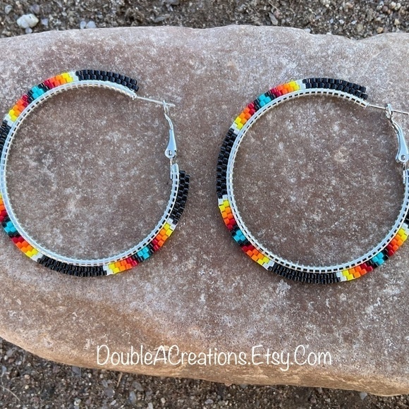 Black with Native Colors 2” Beaded Hoops, New, Handmade by Me - Picture 2 of 7